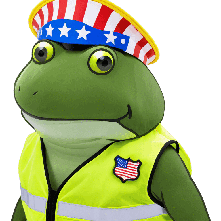 Jennifer Aniston is a construction worker wearing a patriotic dress with a neon yellow safety vest over the dress. she also has a hard hat and a patriotic patch on the vest emoji