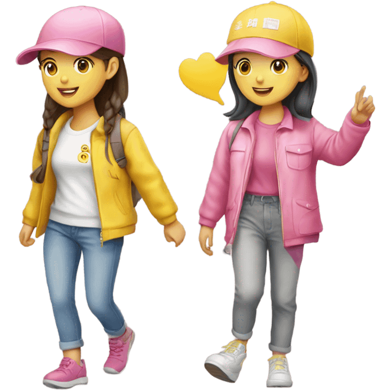 Two korean girls wearing pink and yellow cap wandering around wan chai emoji