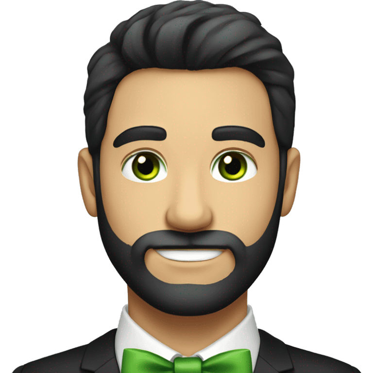 Young round face handsome man with bow tie and green eyes and full beard, black hair  emoji