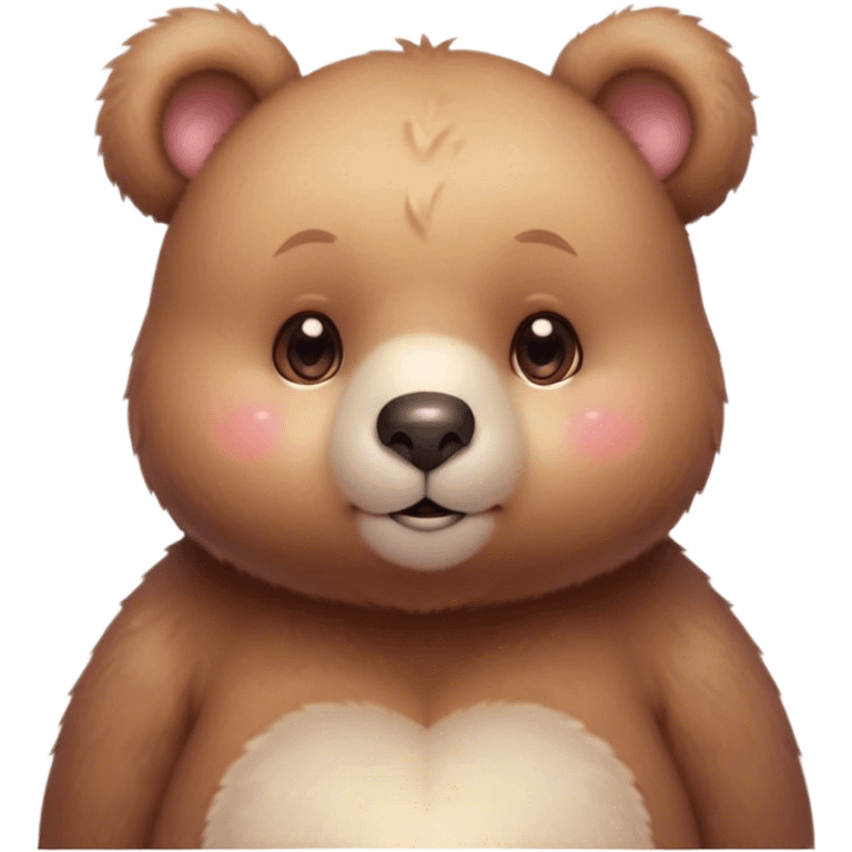 Cinematic cute soft bear, chubby round face, tiny ears, warm fuzzy fur, blushing cheeks, sparkling kind eyes, soft glowing background, heartwarming and huggable. emoji