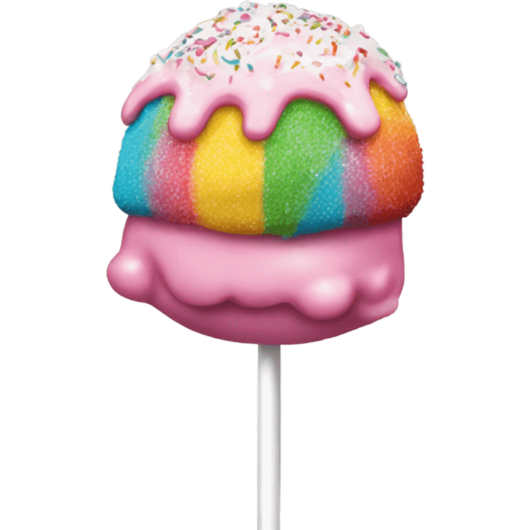 Cake pop with pink icing and rainbow sprinkles and white drizzle  emoji