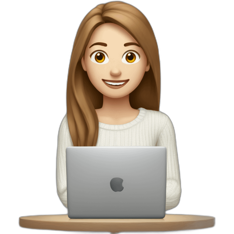 smiling woman with pale skin middle brown long straight hair with a laptop and a coffee mug wearing a white woolly shirt. It's snowing emoji