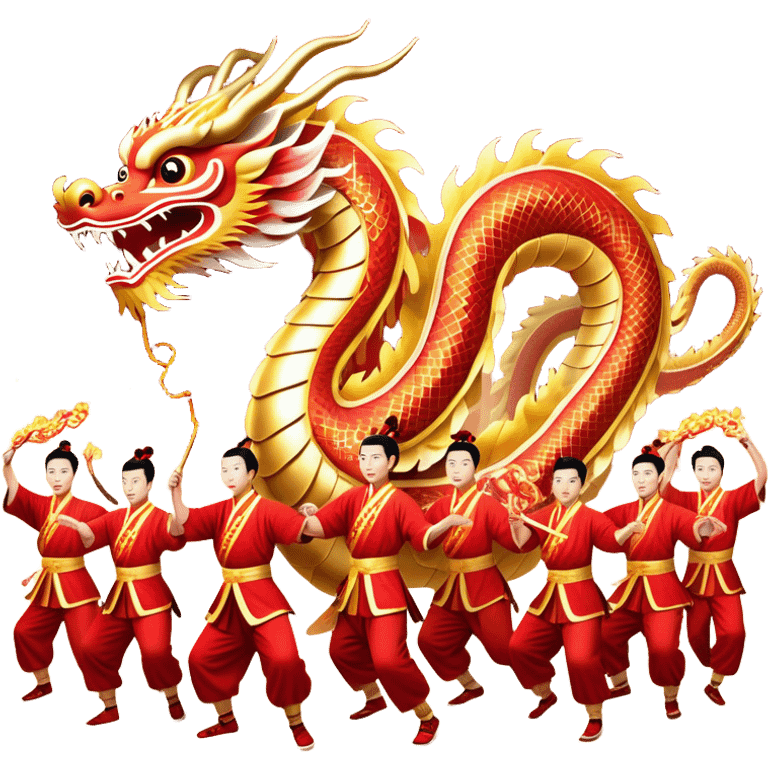 Cinematic Realistic scene of a Chinese Dragon Dance featuring performers energetically holding a vibrant dragon model aloft, with intricately detailed scales and dynamic flowing costumes, illuminated by festive red and gold lighting that captures the spirit of celebration. emoji