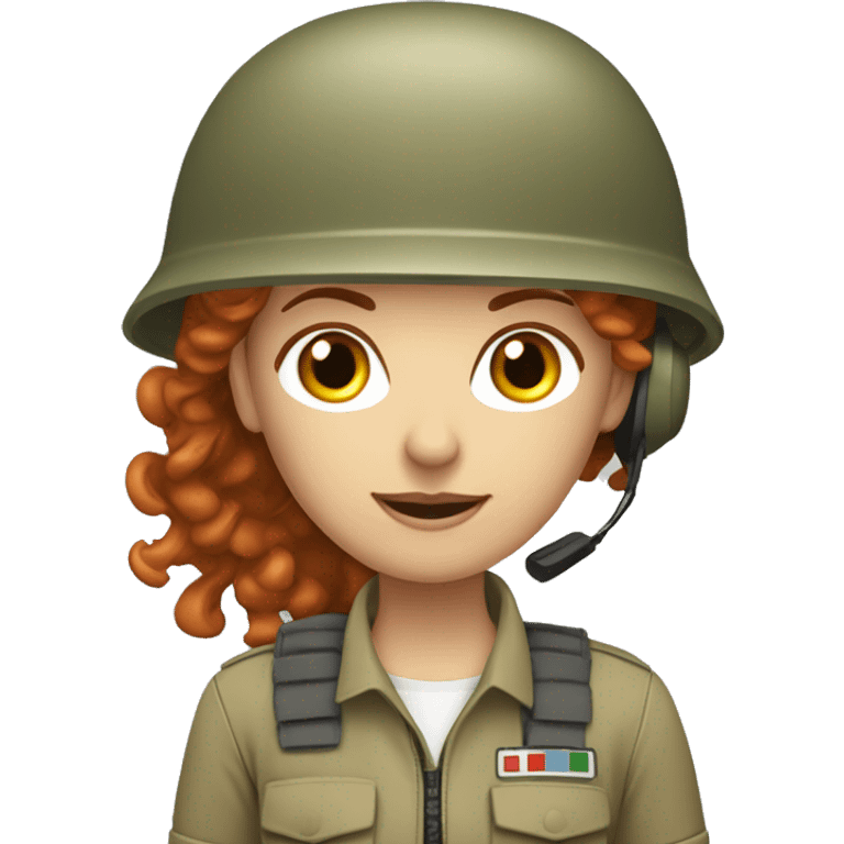 operator dressed in khaki color with a milatary helmet, without glasses, with headset, preferably curly redhead female emoji