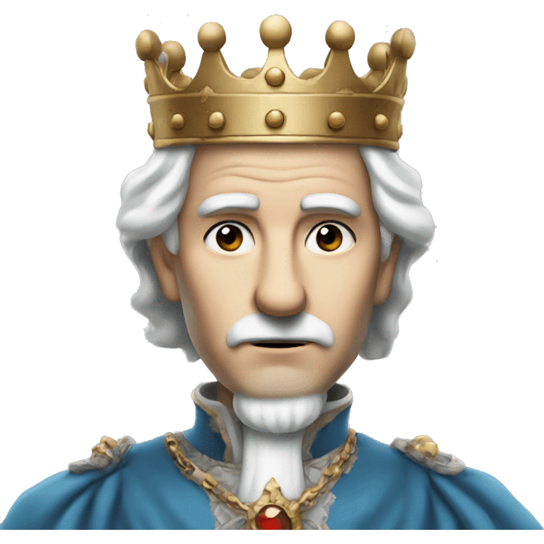 a king very old and pale with black eyes crown and white hair serious thin nose and blue clothes emoji