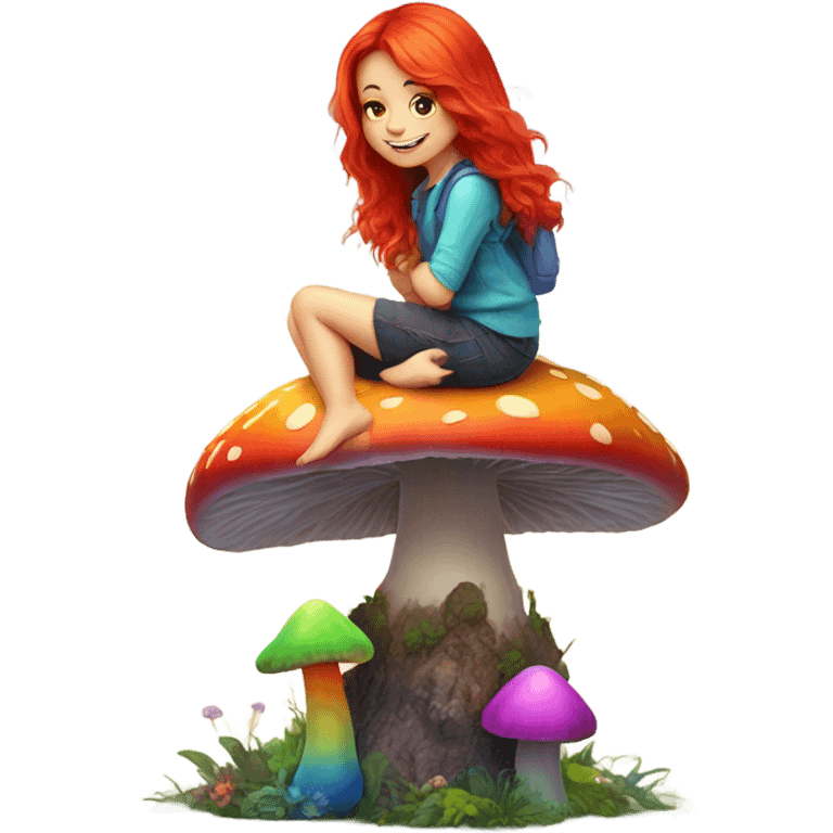 Red haired girl sat on a rainbow coloured mushroom emoji