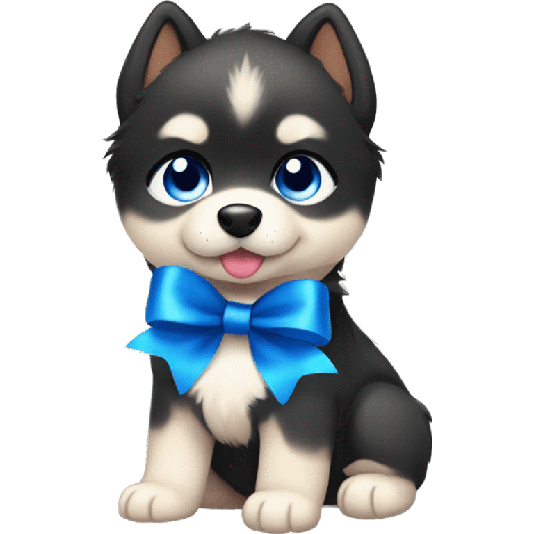 One black and beige pomsky puppy with blue eyes and a blue ribbon in his head really cute and adorable  emoji