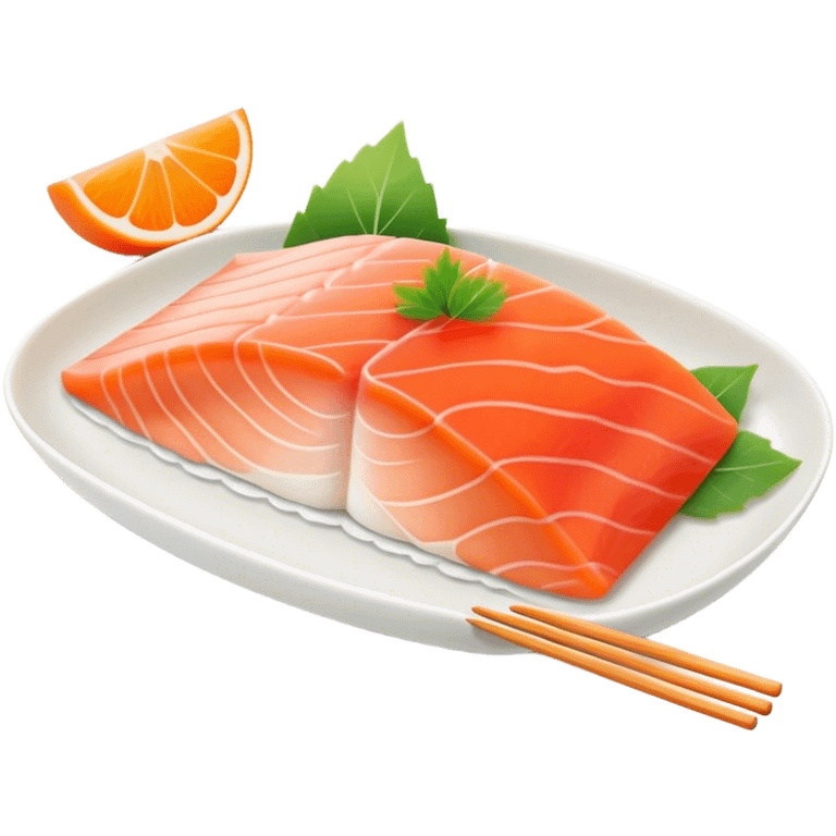 Cute Kawaii Sashimi Slice, delicate and fresh, bright orange salmon with soft pastel textures, an adorable happy face, tiny chopsticks lifting it, gentle glowing highlights! emoji