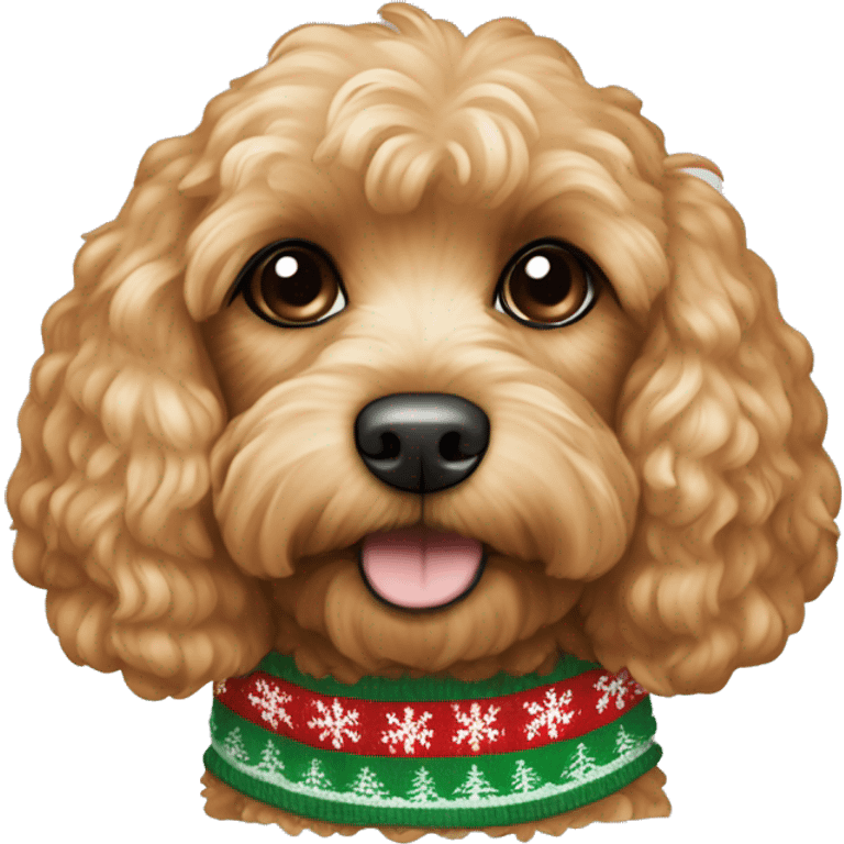 apricot colored cavapoo dog wearing a christmas sweater  emoji