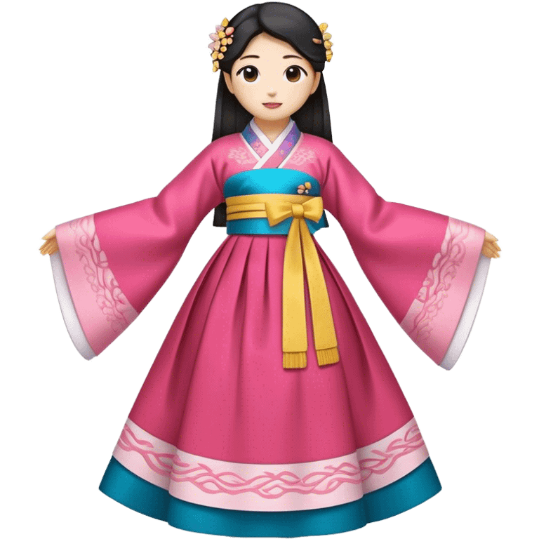 Cinematic Realistic Hanbok Emoji, depicted as a graceful intricately designed traditional Korean dress with vibrant colors and flowing lines, rendered with delicate textures and soft cultural lighting that captures its timeless elegance. emoji