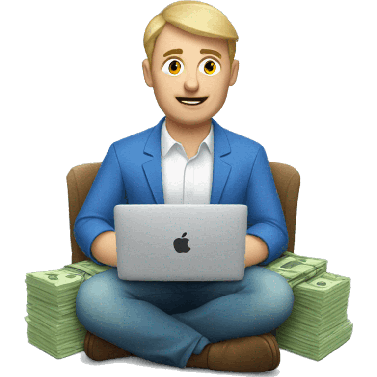 A Russian man is sitting at a macbook with a stack of money emoji