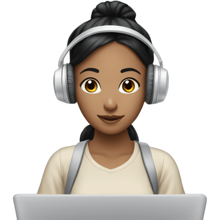 a girl with laptop with a bun hair, headphone, clouds and light bulbs in background, has asian skin tone and black hair color emoji