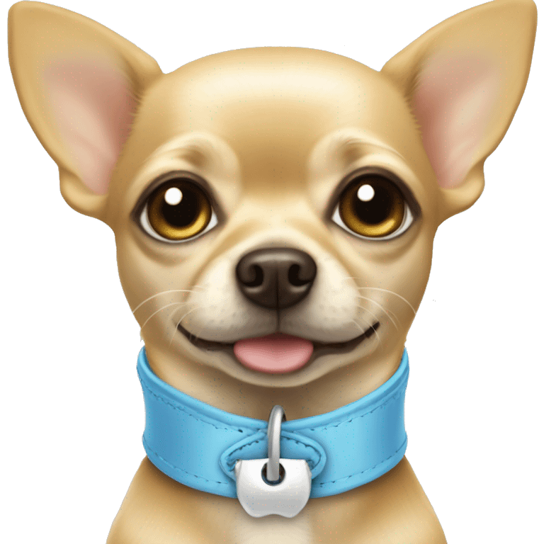 Blonde chihuahua with a light blue blowtie collar that says Oscar  emoji