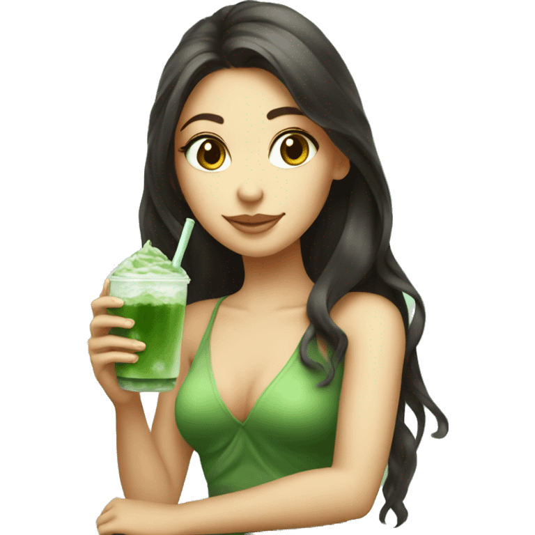 Beautiful girl holding glass cup of iced matcha  emoji