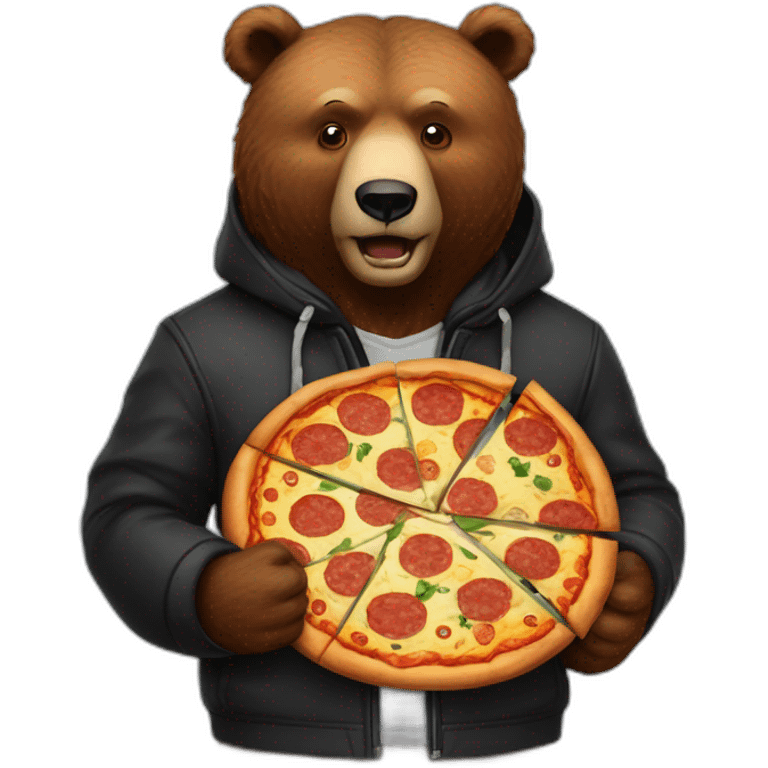 a brown bear with a black jacket and a big pizza and a abAli doogh emoji