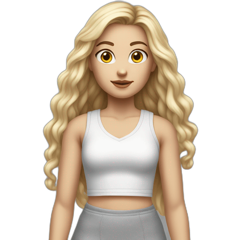 hyperrealist caucasian girl, long straight blonde hair, white v-neck laced crop tanktop, grey tight micro skirt, sneakers emoji