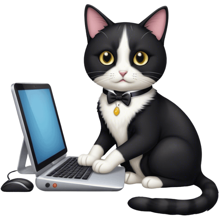 a tuxedo cat work on a computer emoji