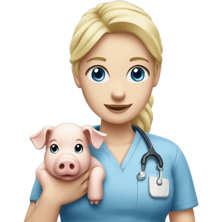 Female blonde vet with blue eyes holding a pig emoji