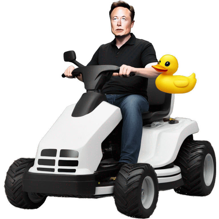 Elon musk riding a lawnmower on the moon with a rubber duck as the steering wheel emoji