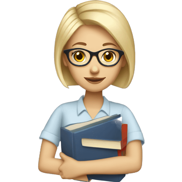 female Teacher with books glasses blonde pixie haircut blue eyes emoji