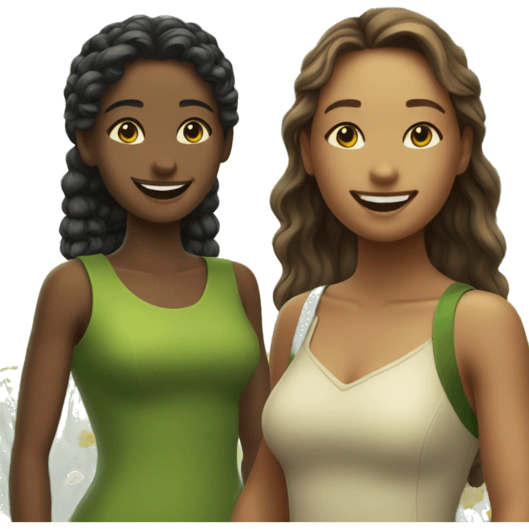 smiling bestfriends in nature with green and yellow dress emoji