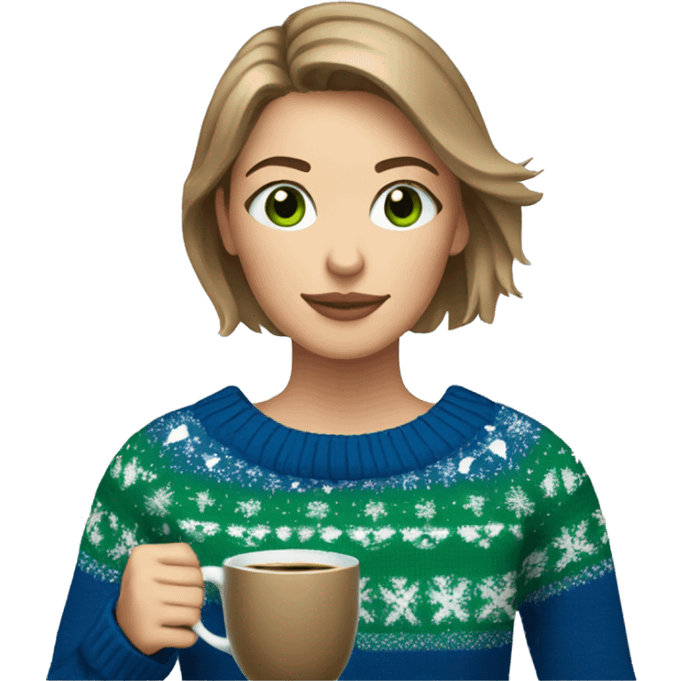 Light brown short haired girl with green eyes drinking coffee wearing blue Christmas sweater emoji