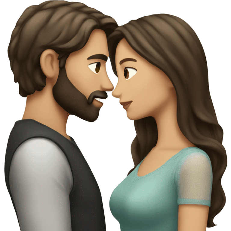 Brunette man with beard kissing brunette woman with long hair emoji