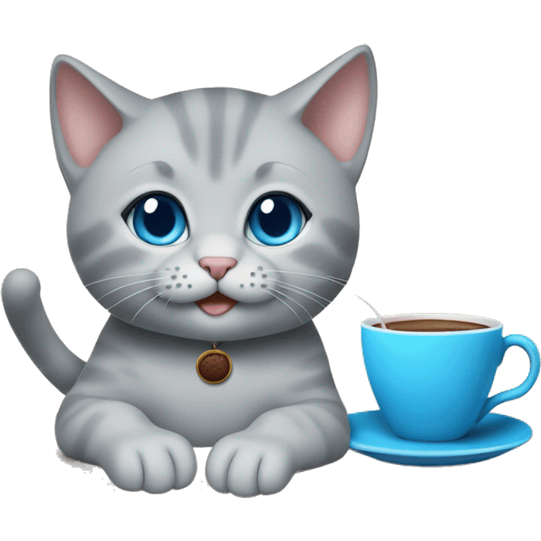 grey kitten blue eyes sitting on the table with coffee woman emoji