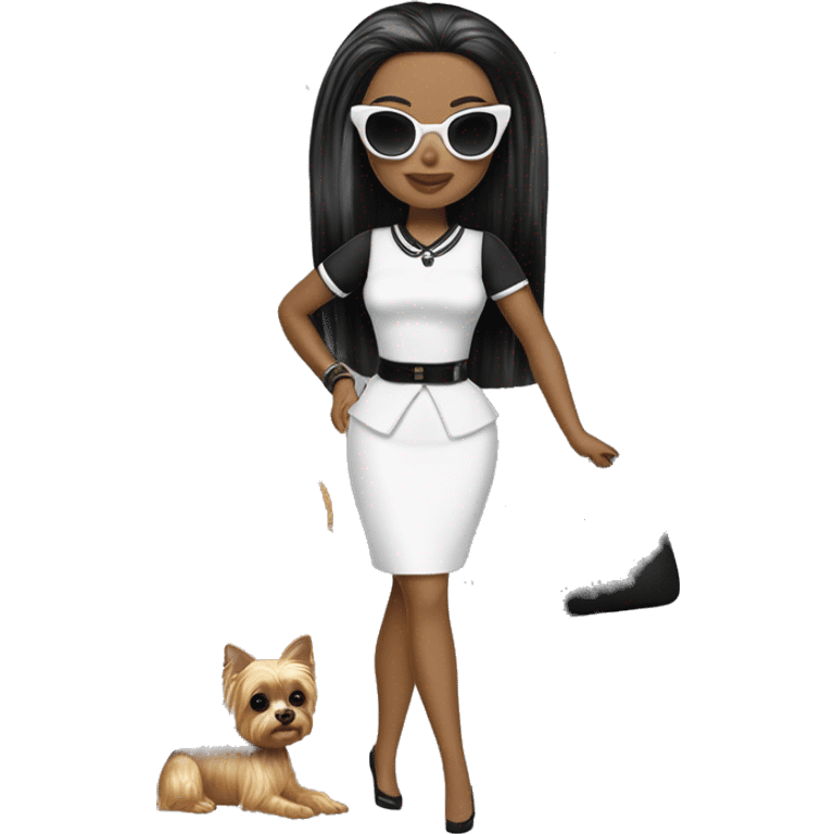 Palm beach Honey Barbie Wednesday Addams ,white face, full body visible, hair done,handbag, small 2 piece, sunglasses,heels,holding yorkie Miss Honey, emoji