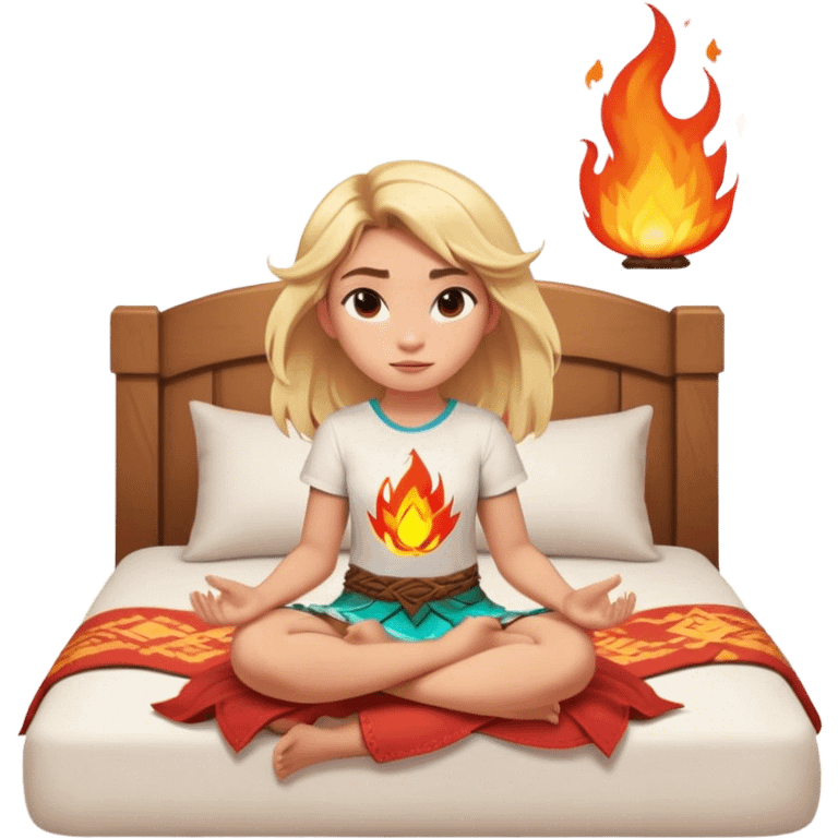 A girl their hair is floating and they have fire powers blonde hair and earth powers, and wearing a Moana shirt and they have superpowers and they are sitting on their bed emoji