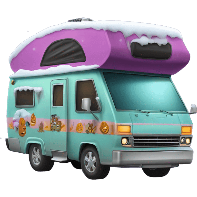 very expensive but haunted horror dream rv camper for Scooby Doo and the kids in the gang and Barbie while it’s cold and snowing hard outside. A Spare Tire with it’s cover is attached to front of the vehicle.  emoji