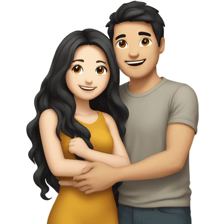 A cute and very happy Asian couple hugging each other very tight. The girl has long dark wavy hair and pale skin and dark hazel eyes, the Man has short dark straight hair and bright amber eyes and is pale emoji