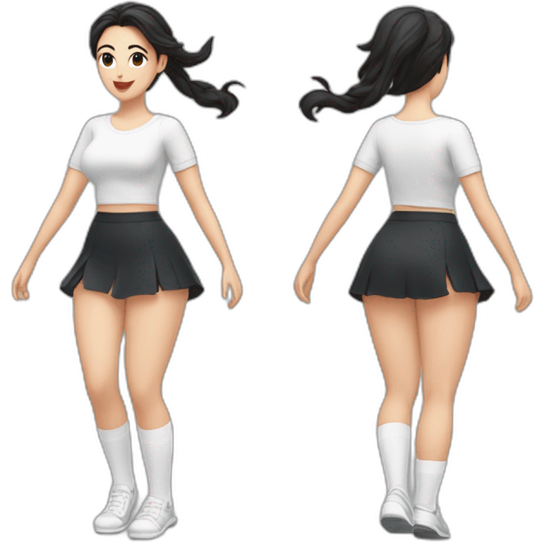 full-body-caucasian-curvy-beauty-jumping-short-black-skirt-back-and-front-views-strong-wind-white-knickers-long-white-socks emoji