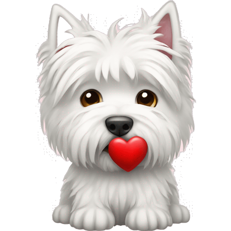 White highland terrier holding a heart emoji