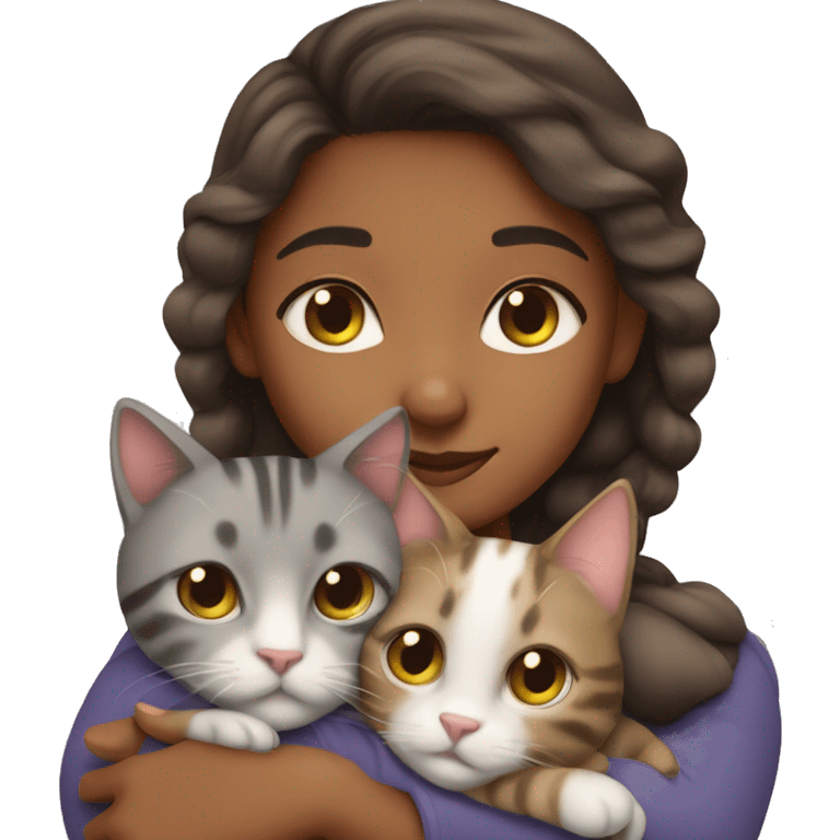 brownskin girl cuddling gray tabby cat emoji