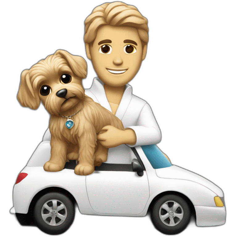 Christ the Redeemer (statue) holding a yorkie while driving red f1 car emoji