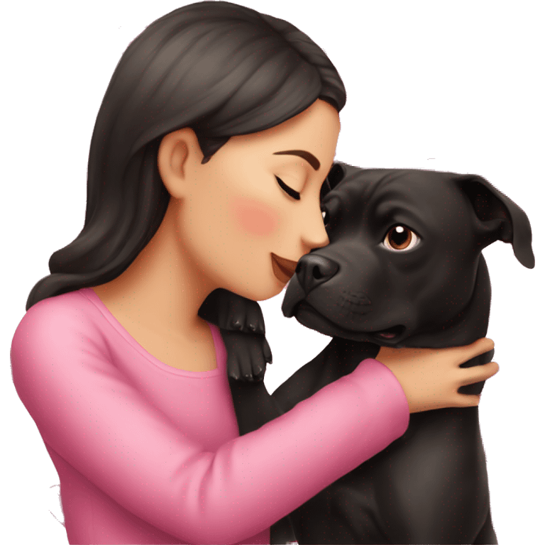 Brunette kissing big black pitbull dog, pink hearts emoji