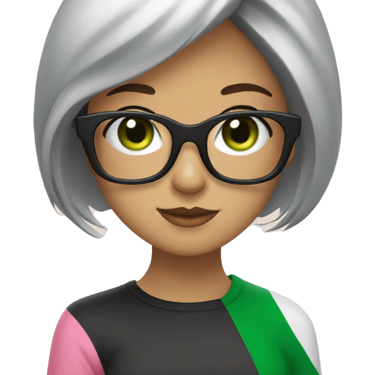 Italian girl, dark hair, green eyes, white blues, hair bang and big pink glasses square shaped emoji