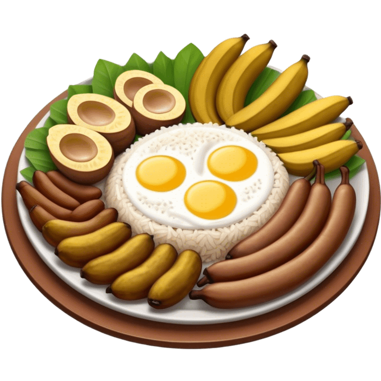 Cinematic Realistic Bandeja Paisa Dish Emoji, depicted as a hearty platter featuring beans, rice, meat, and plantains rendered with detailed textures and vibrant, robust lighting. emoji