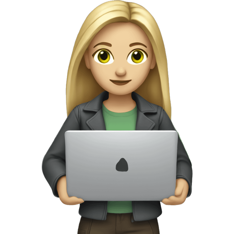 Female coder featuring a laptop. She has long dark blonde hair, green eyes, white skin. emoji