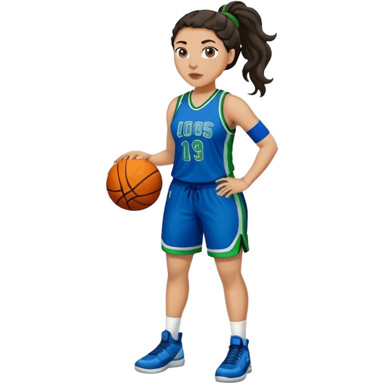 full body plus size light skin latino women basketball player with wavy dark hair in pony tail wide nose wearing blue uniform with green accent emoji