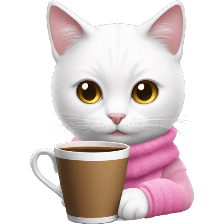 White cat drink coffee with pink stanley emoji