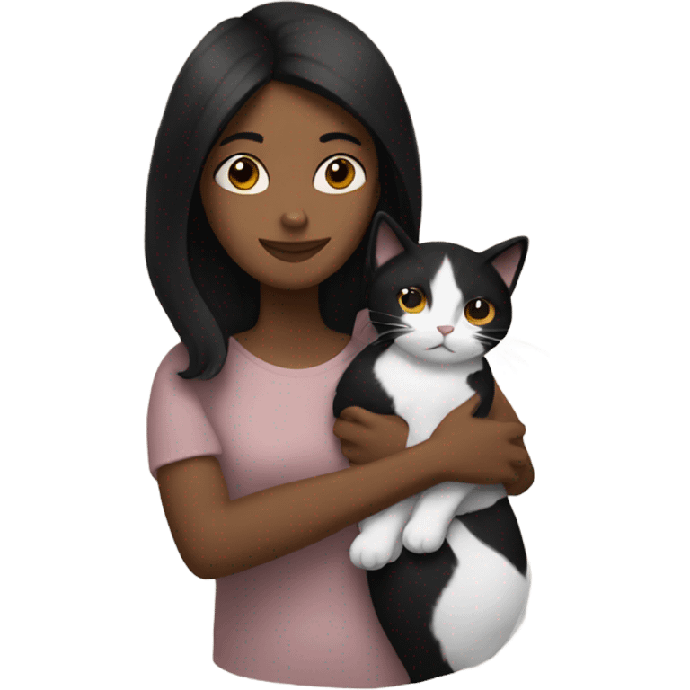  brown woman with black hair hugging a black and white cat  emoji