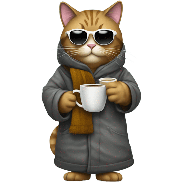 Expensive furry cat snowboarding holding a cup of coffee, sunglasses and a robe  emoji