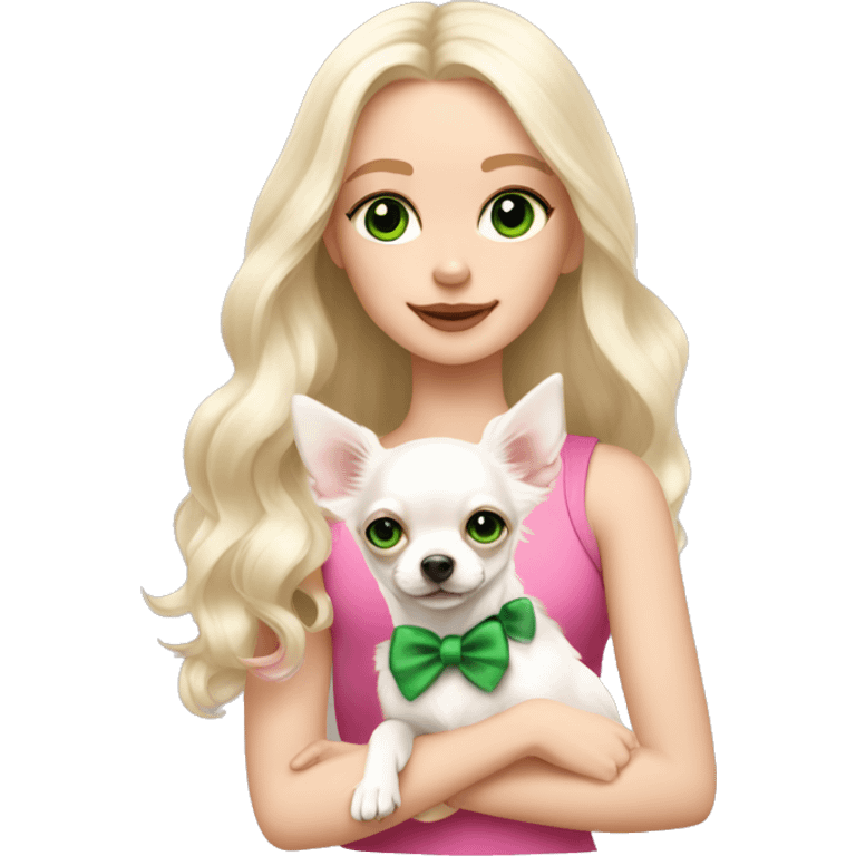 pale blond girl with wavy long platinum hair with green eyes holding a white chihuahua puppy that wearing a pink bow emoji