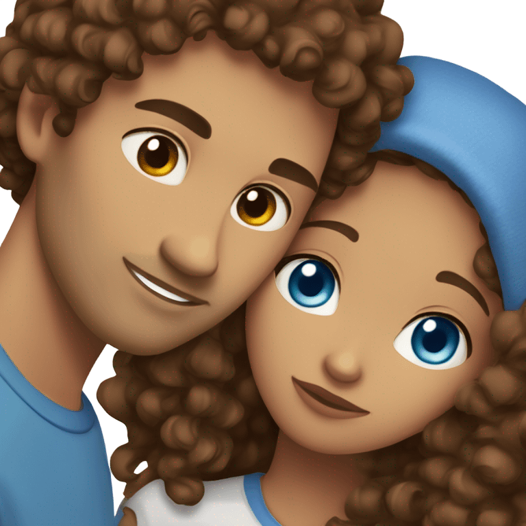 Blue eyes brown curly hair girl cuddling boyfriend straight brown hair emoji