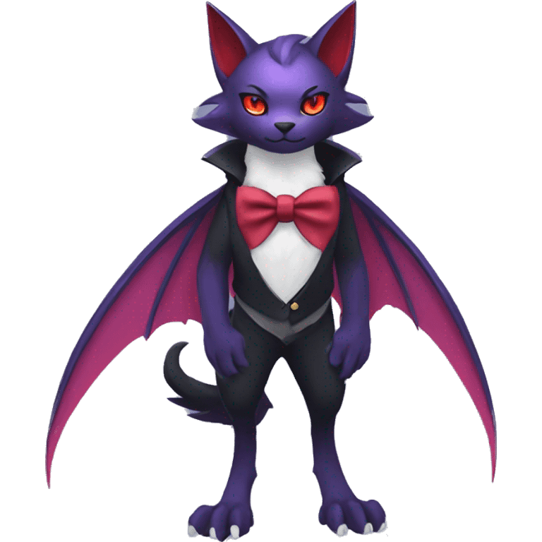 cool kawaii black purple red ethereal fantasy beautiful elegant nargacuga-bat-Zoroark-cat-Fakemon collar harness bow tie and bracers full body emoji