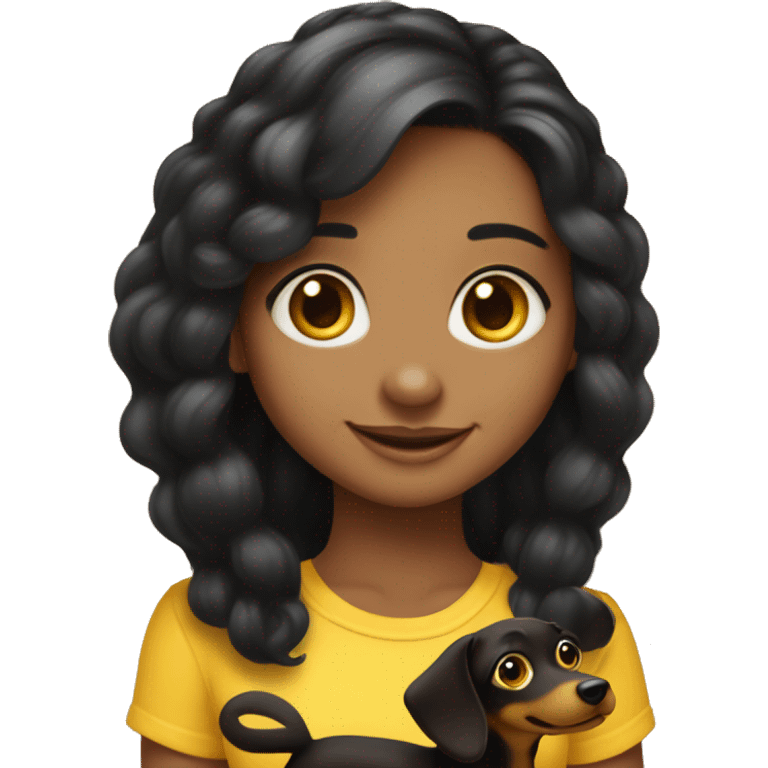 A big eyes, black hair, yellow skin love smile beautiful girl, hair in the middle part, age about 25， affectionately holding a black wiener dog emoji