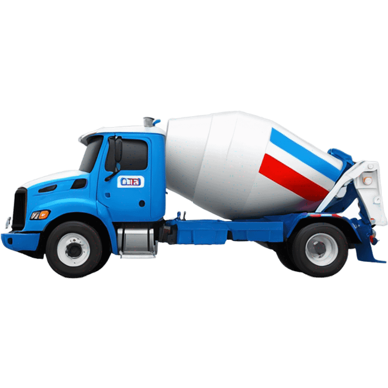 Ready mix concrete truck with white cab, white drum with blue and red stripe emoji