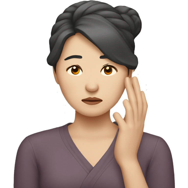 Korean woman in her 40s with one hand on her head, sad and distressed expression emoji